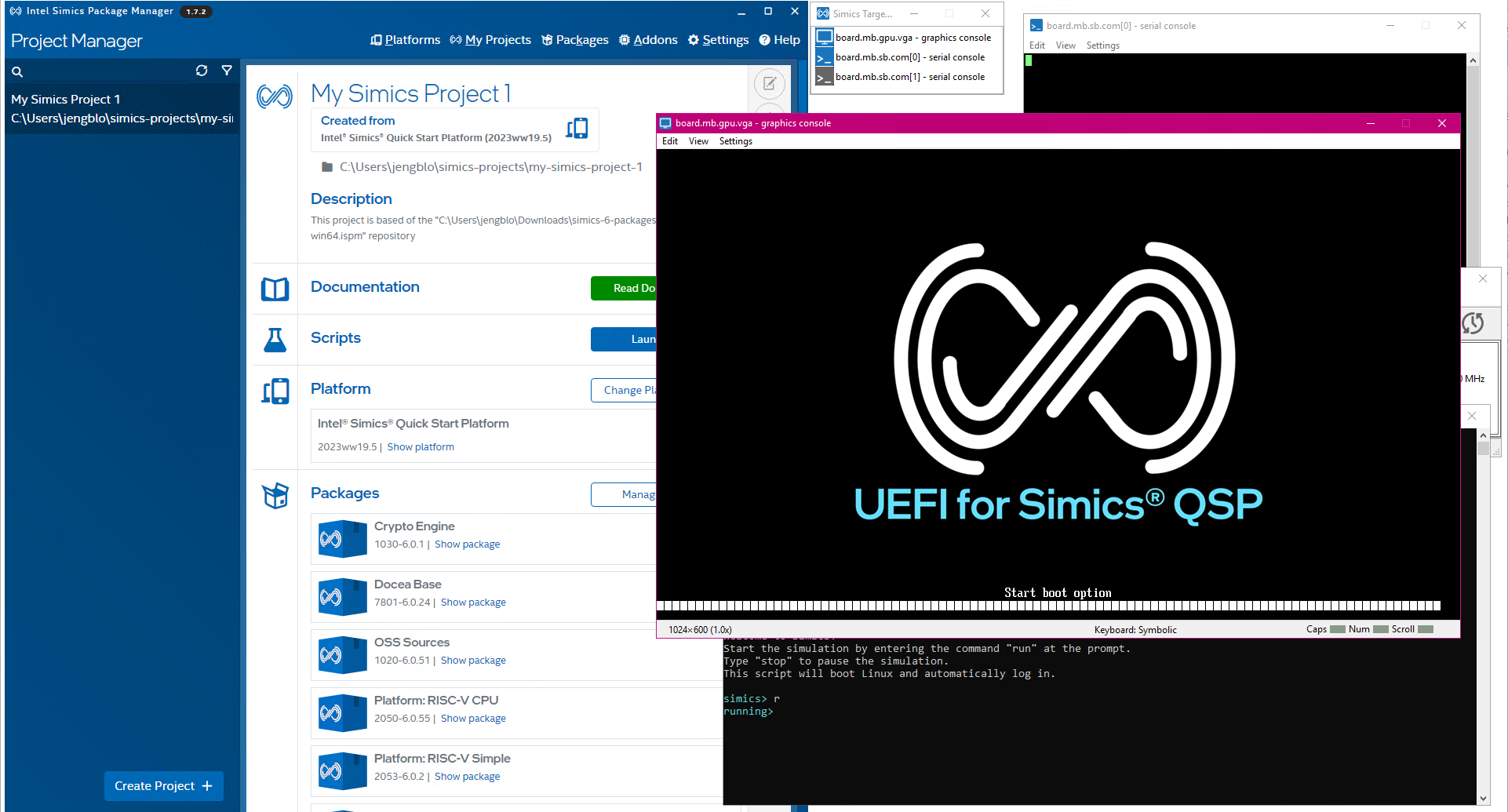 This image shows the Intel Simics simulator demonstration running when started from a project in the Intel Simics Package Manager