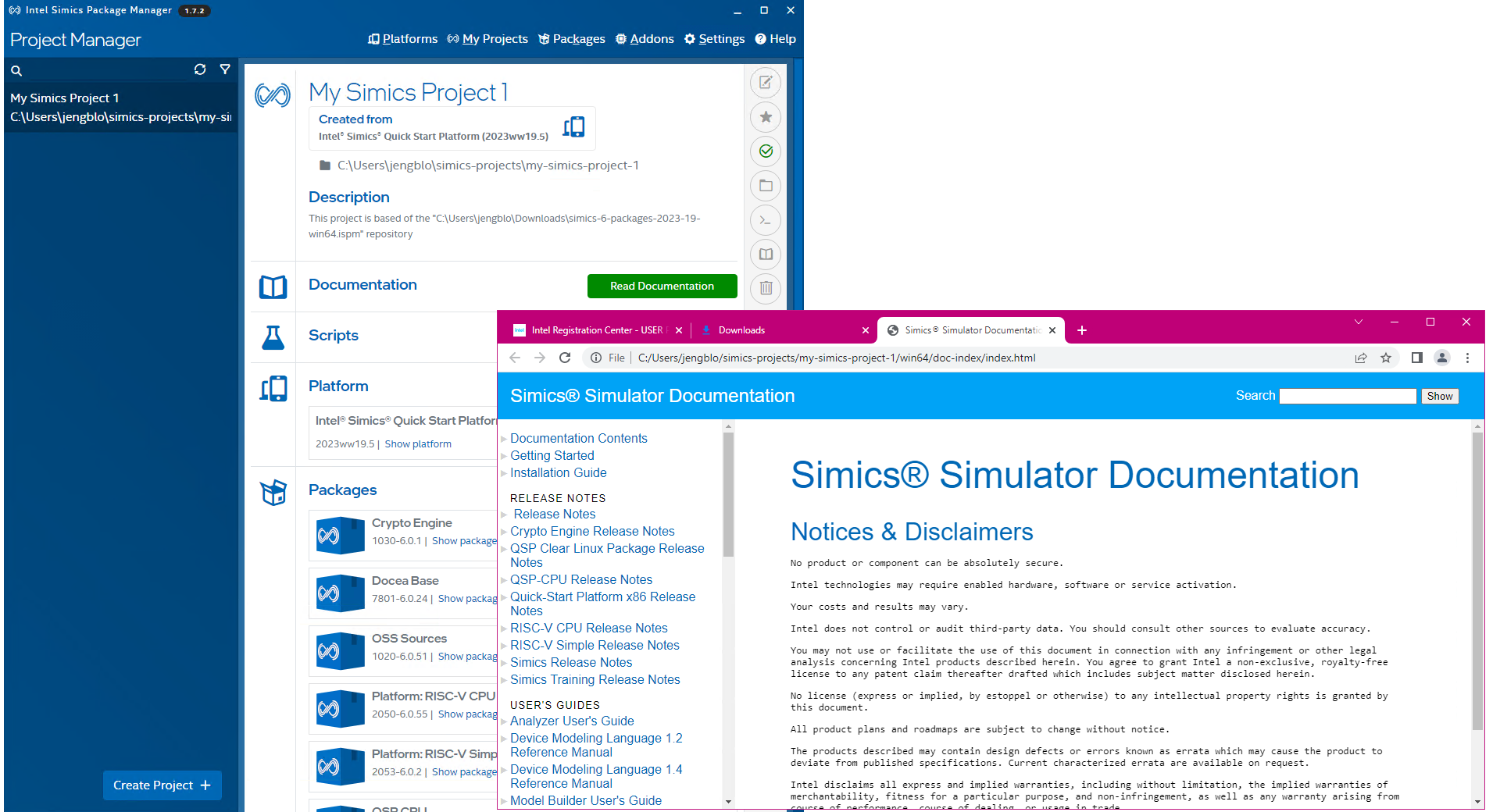 This image shows the Intel Simics simulator documentation in a web browser, with the Intel Simics Package Manager in the background