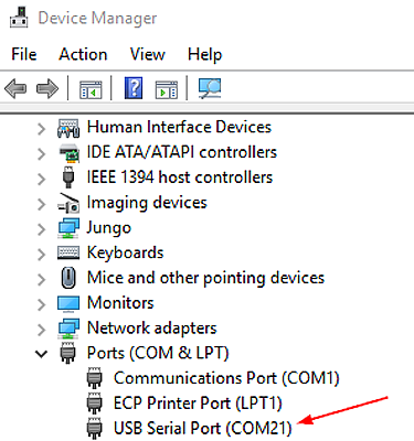 Screenshot of device manager showing UART COM port assignment