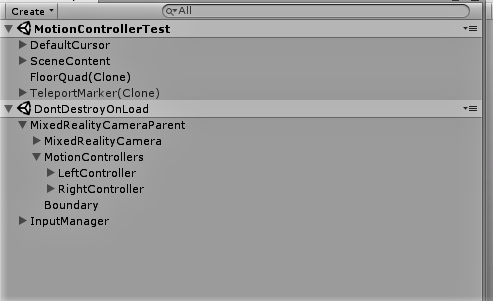 camera rig structure in Unity* software play mode.