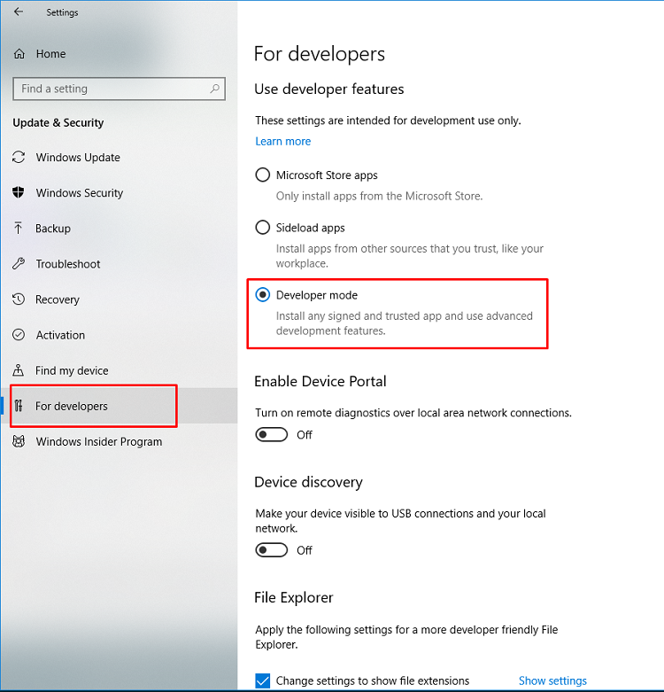 Updates and security settings to configure developer mode