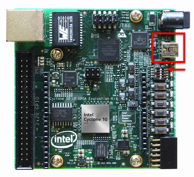 Image of the Intel® Cyclone®  motherboard and USB connector