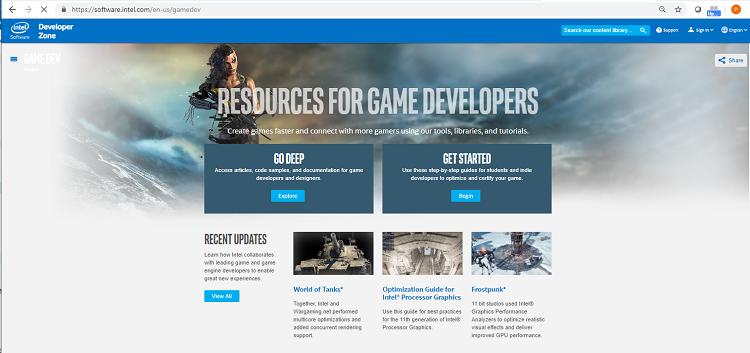  Intel Software Game Development landing page after May 16, 2019